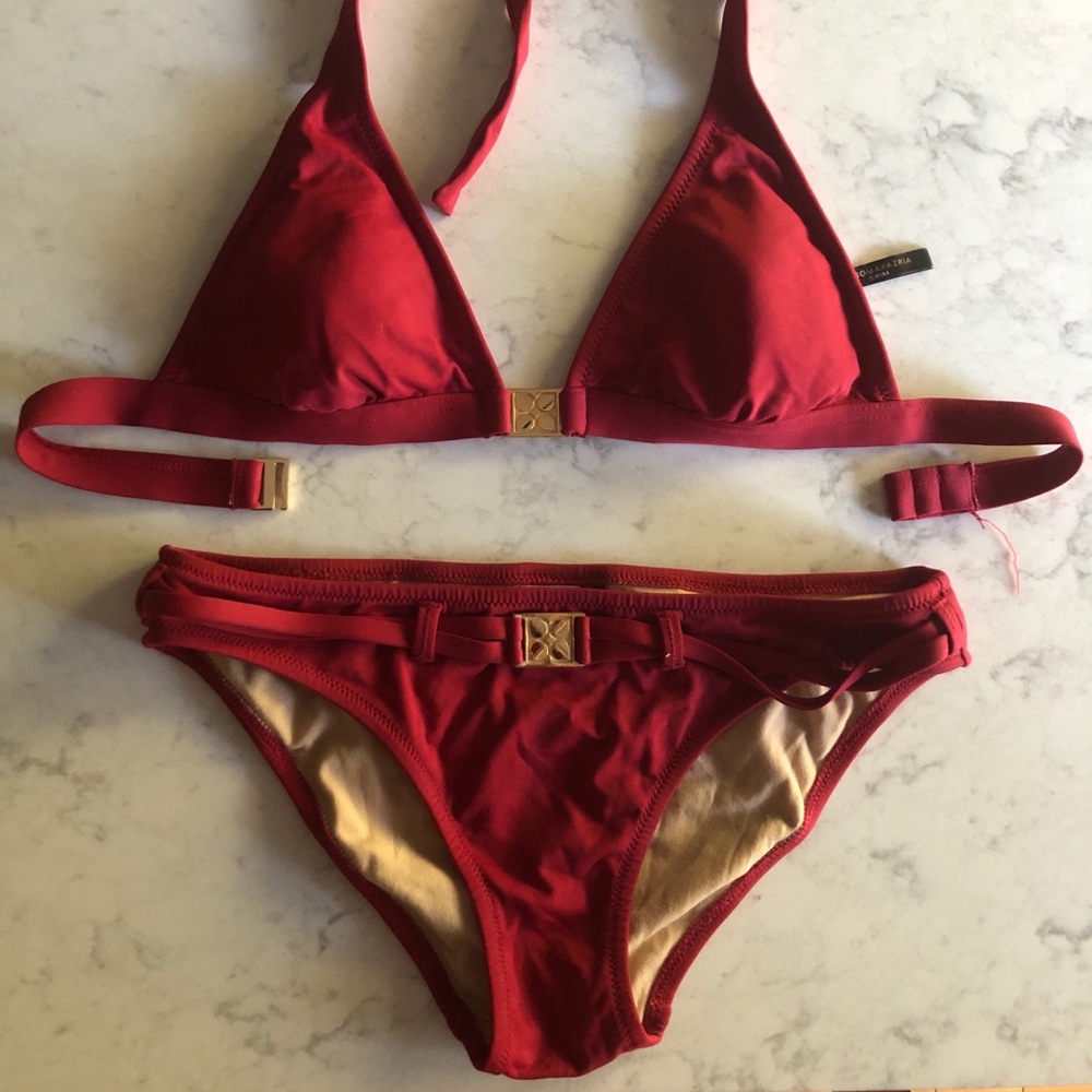 BCBB Maxazria Swim Halter Bikini S Red Gold Accent